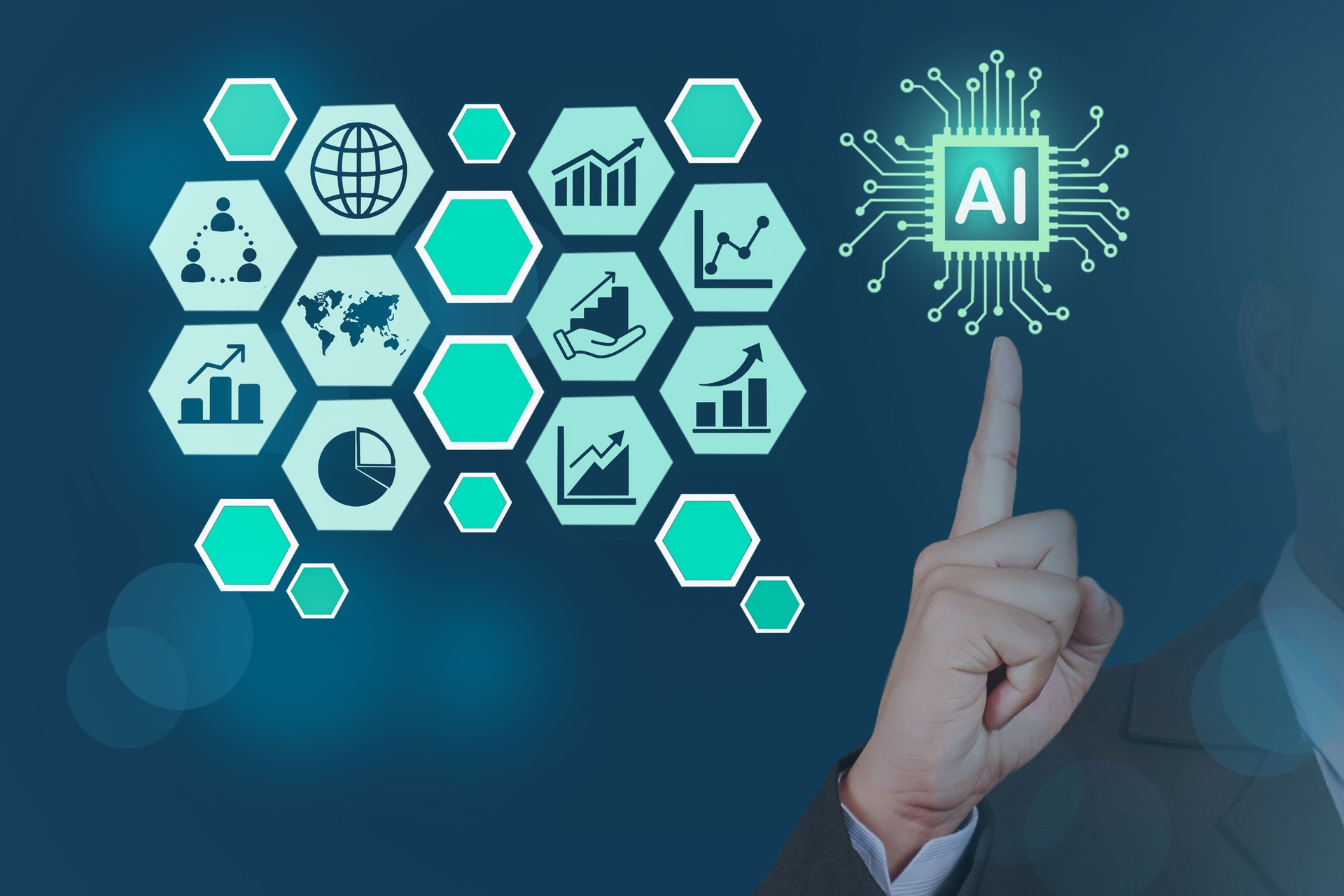 Ai technology businessman showing virtual reality social media icons Global internet connection, A.I. technology concept